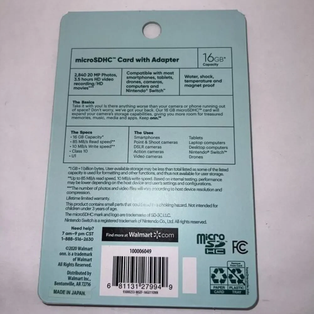 ONN.‎ 16GB Class 10 U1 MicroSDHC Flash Memory Card with Adapter